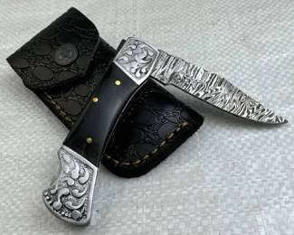 Damascus Steel Folding Blade Knife w/ Sheath