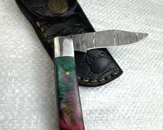 Damascus Steel Folding Blade Knife w/ Sheath