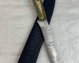 Damascus Steel Long Fillet Blade Knife w/ Sheath