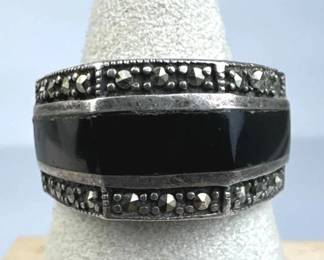 925 Silver Black Onyx Inlay Marcasite Band Ring