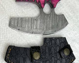 Damascus Steel Fixed Ulu Blade Knife w/ Sheath