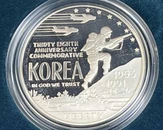 1991 Silver Proof Korean War Memorial $1 90%