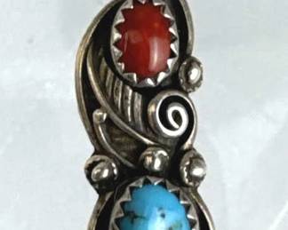925 Silver Vtg Native Turquoise & Coral Pendant