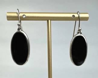 925 Silver Oval Black Onyx Inlay Dangle Earrings.