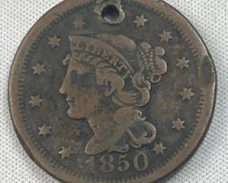 1850 US Braided Hair Large Cent, 1c Coin, Holed
