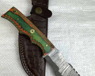 Lg Damascus Steel Fixed Blade Knife w/ Sheath