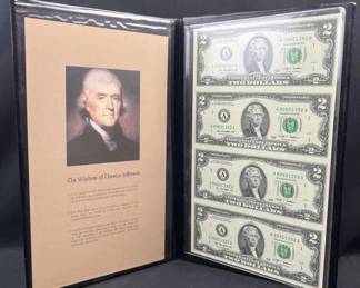 2009 US (4) $2 Bill Uncut Sheet, Mint, Thomas J.