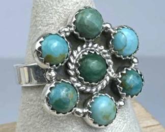 925 Silver Adjustable  Kingman Turquoise Flower Ri