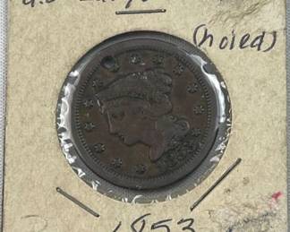 1853 US Braided Hair Large Cent, 1c Coin, Holed