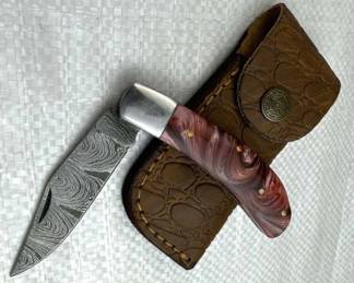 Damascus Steel Folding Blade Knife w/ Sheath