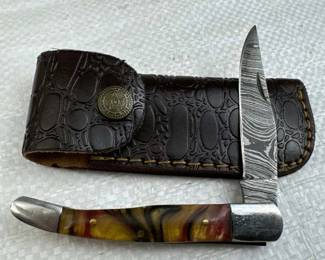 Damascus Steel Folding Blade Knife w/ Sheath