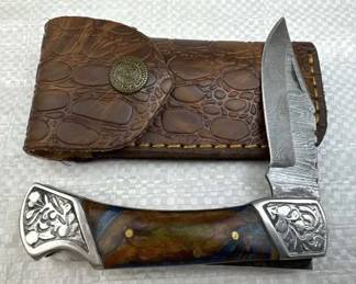 Damascus Steel Folding Blade Knife w/ Sheath