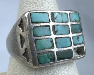 925 Silver Vintage Navajo Turquoise Inlay Row Ring