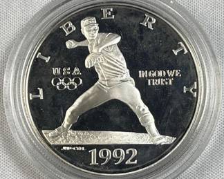 1992 Silver Proof Olympics Baseball $1, 90%
