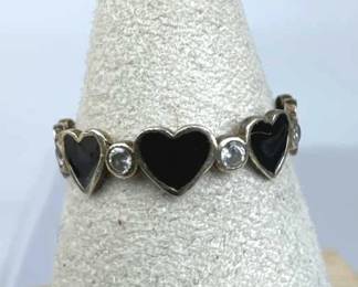 925 Silver Black Onyx Inlay Heart Zirconia Band Ri