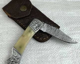 Damascus Steel Folding Blade Knife w/ Sheath