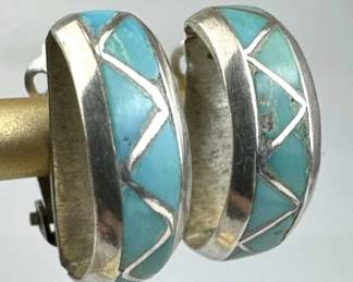 925 Silver Vtg Geometric Turquoise Inlay Clip On E