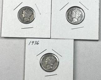(3) 1935-1939 Mercury Silver Dimes, US 90%