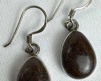 925 Silver Tear-Shaped Brown Jasper Dangling Earri