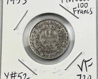 1953 Morocco Silver 100 Francs, VF .720