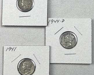 (3) 1941-1944 Mercury Silver Dimes US 90%