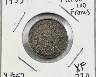 1953 Morocco Silver 100 Francs, XF .720