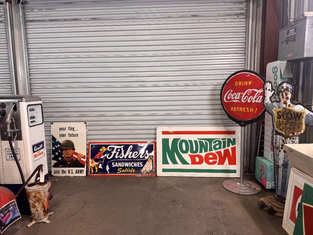 Original Army sign, original Fishers Sandwiches sign, NOS Original Mtn Dew Sign, Original Coca Cola lollipop with original base AND Original Coca Cola School Guard on original Coke stand! 