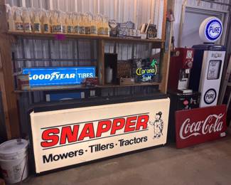 Snapper & Goodyear light up cabinets, Corona Light neon! Original Coke Sign, & Pure Gas REPOP light up gas pump