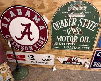 Handpainted Alabama sign & original Quaker State Motor Oil signs