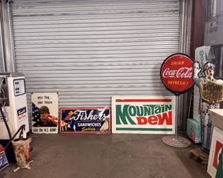 Original Army sign, original Fishers Sandwiches sign, NOS Original Mtn Dew Sign, Original Coca Cola lollipop with original base AND Original Coca Cola School Guard on original Coke stand! 