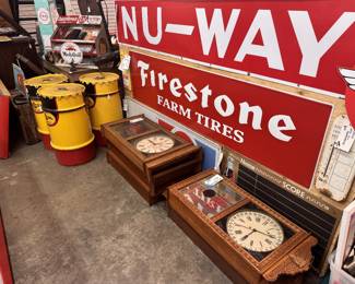 NOS Firestone sign, Nu-Way original porcelain sign, Dr Pepper, bakery and Coke clocks!
