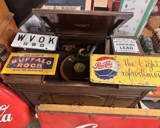Buffalo Rock original counter display, WVOK tag with transistor radio combo, Pepsi original and gas pump plate