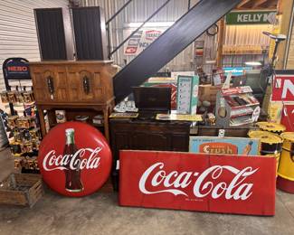 Original Coke Button in GREAT shape & original Coca Cola Sleigh sign