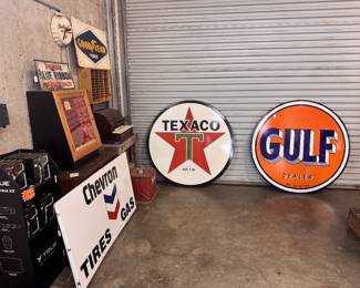Chevron Porcelain Originals (2) Vinyl added to show how you can customize, easily removable. Original Goodyear & Pabst signs. Texaco & Gulf heavy metal double sided REPOP's