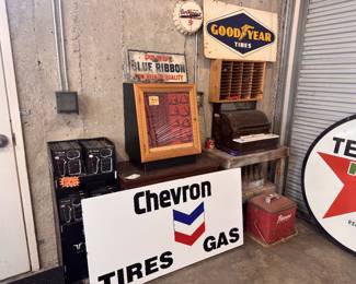 Chevron original porcelain signs in great shape! (2) Vinyl added and easily removable to show how you can customize, Goodyear double sided original, case knives display, Pabst original sign, knives and original Dr Pepper clock, works!
