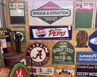 Quaker State Outboard oil original, Nesbitt's Orange Original, Quaker State Motor Oil Original, Pepsi REPOP, Alabama hand painted heavy metal sign!