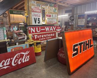 Light up Stihl cabinet! Looks better in person lit up! Orange really pops and would be great addition to any mancave/shop! Nu-Way porcelain in great shape. Firestone NOS sign! 