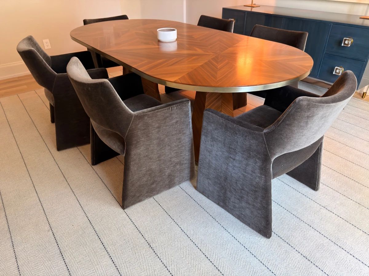 Quillen Marquetry dining table with 6 CB2 Foley mink velvet chairs
