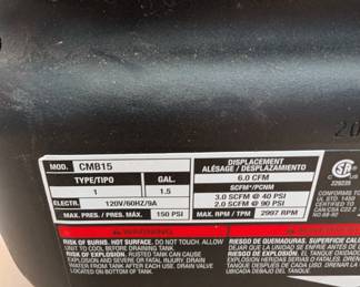 T43 - $100. Porter Cable Air Compressor. Model CMB15. 1.5 gallon.