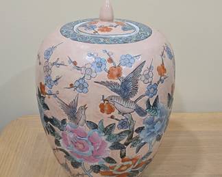 Vintage Pink Chinoiserie Ginger Jar with Birds and Flowers