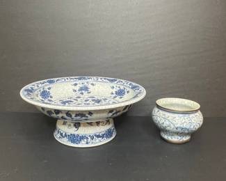 Blue and White Porcelain Pedestal Bowl and Small Pot