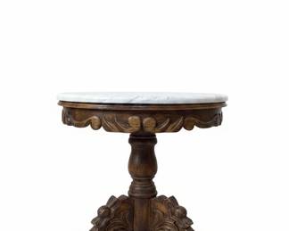 Carved Wood Pedestal Side Table with Marble Top