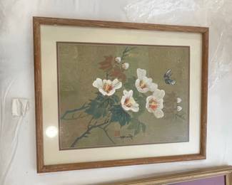 Vintage Chinese Watercolor Painting of Flowers and Butterfly
