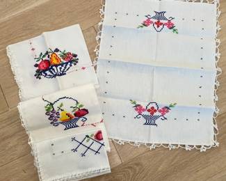 Vintage Hand-Embroidered Linens with Fruit Basket Motifs and Crocheted Edges