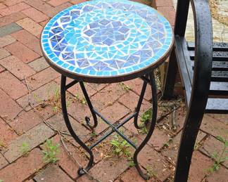 Blue Mosaic Top Side Table with Wrought Iron Base