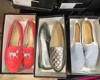 Talbots Women's Red Suede Dalmatian Loafers, Silver Quilted Loafers, and Striped Espadrilles