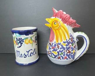 Vietri Hand-Painted Ceramic Rooster Pitcher and "Mestoli" Mug