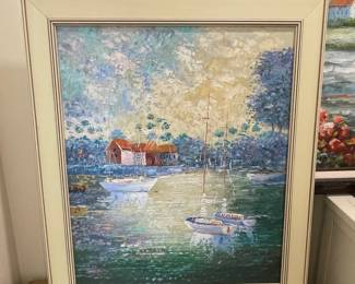 Impressionist Style Seascape Painting with Sailboats