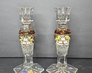 Bohemia Crystal Candlesticks with Hand-Painted Floral and Gold Overlay