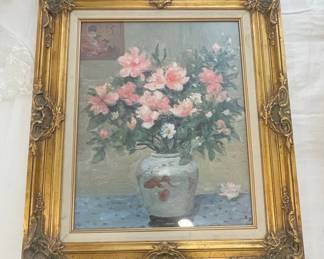 Floral Still Life Painting in Ornate Gilt Frame